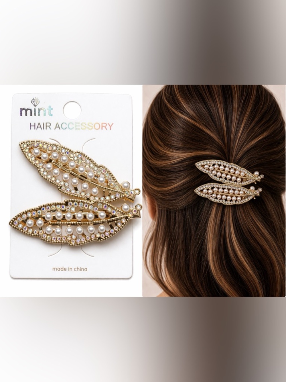 2 Gold Pearl Hair Clip Clamp Metal Alligator Claw Bling Crystal Rhinestone 2.5"